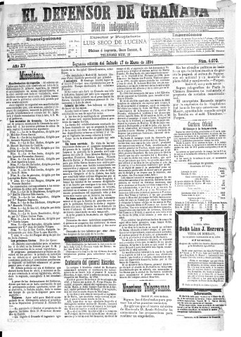 'El Defensor de Granada  : diario político independiente' - Año XV Número 6669 2ª ed. - 1894 Marzo 17