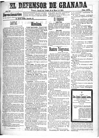 'El Defensor de Granada  : diario político independiente' - Año XV Número 6670 1ª ed. - 1894 Marzo 19