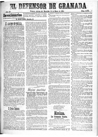 'El Defensor de Granada  : diario político independiente' - Año XV Número 6672 1ª ed. - 1894 Marzo 21