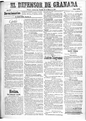 'El Defensor de Granada  : diario político independiente' - Año XV Número 6673 1ª ed. - 1894 Marzo 23