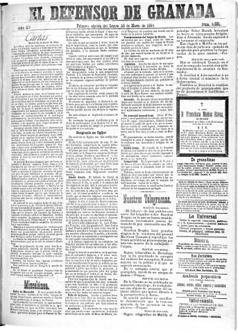 'El Defensor de Granada  : diario político independiente' - Año XV Número 6675 1ª ed. - 1894 Marzo 26