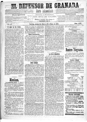 'El Defensor de Granada  : diario político independiente' - Año XV Número 6678 2ª ed. - 1894 Marzo 29