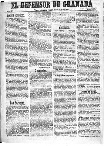 'El Defensor de Granada  : diario político independiente' - Año XV Número 6678 1ª ed. - 1894 Marzo 30
