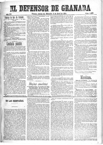 'El Defensor de Granada  : diario político independiente' - Año XV Número 6686 1ª ed. - 1894 Abril 04