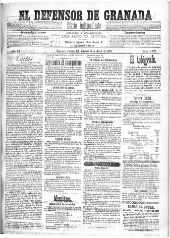 'El Defensor de Granada  : diario político independiente' - Año XV Número 6691 2ª ed. - 1894 Abril 06