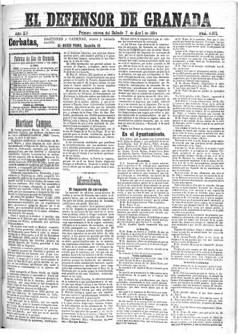 'El Defensor de Granada  : diario político independiente' - Año XV Número 6692 1ª ed. - 1894 Abril 07