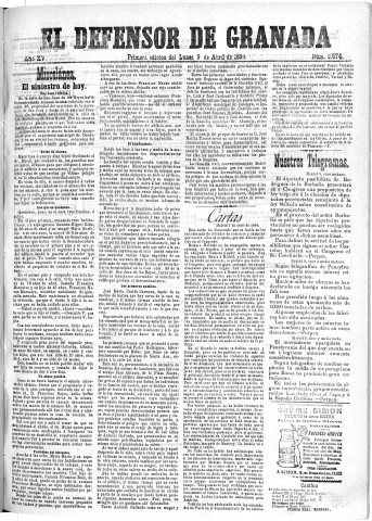 'El Defensor de Granada  : diario político independiente' - Año XV Número 6696 1ª ed. - 1894 Abril 09