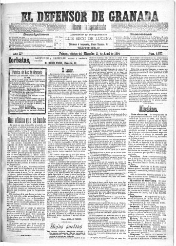 'El Defensor de Granada  : diario político independiente' - Año XV Número 6698 1ª ed. - 1894 Abril 11