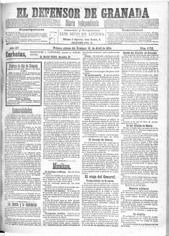 'El Defensor de Granada  : diario político independiente' - Año XV Número 6715 1ª ed. - 1894 Abril 15