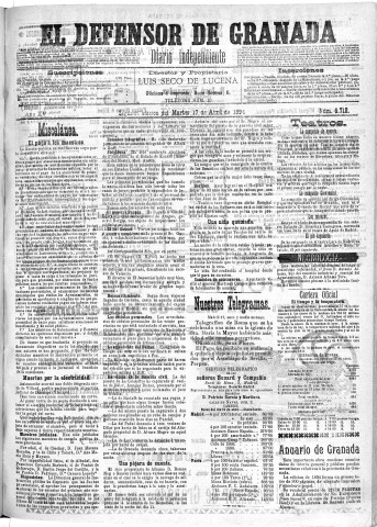 'El Defensor de Granada  : diario político independiente' - Año XV Número 6718 2ª ed. - 1894 Abril 17
