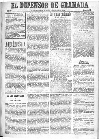 'El Defensor de Granada  : diario político independiente' - Año XV Número 6719 1ª ed. - 1894 Abril 18