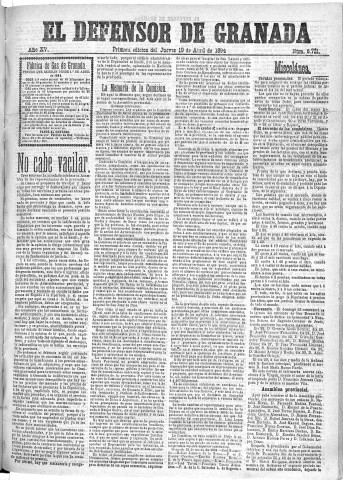 'El Defensor de Granada  : diario político independiente' - Año XV Número 6721 1ª ed. - 1894 Abril 19