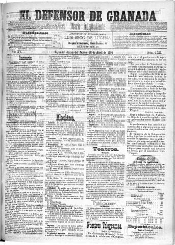 'El Defensor de Granada  : diario político independiente' - Año XV Número 6722 2ª ed. - 1894 Abril 19