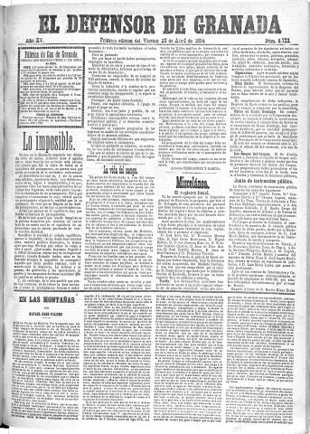 'El Defensor de Granada  : diario político independiente' - Año XV Número 6723 1ª ed. - 1894 Abril 20