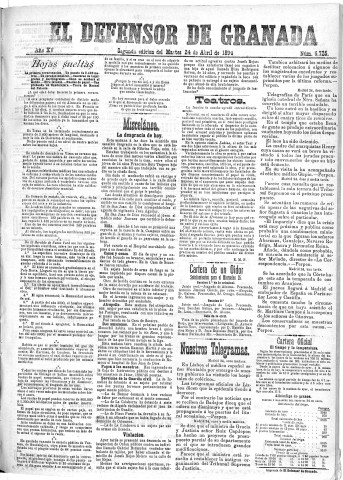 'El Defensor de Granada  : diario político independiente' - Año XV Número 6727 2ª ed. - 1894 Abril 24