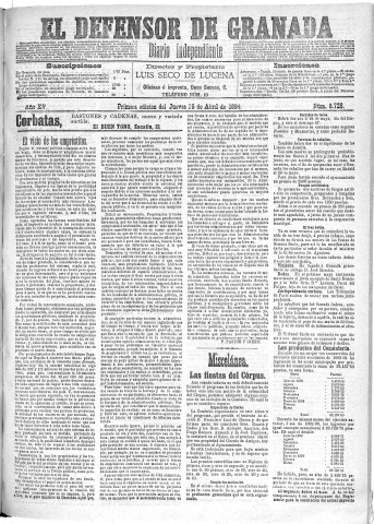 'El Defensor de Granada  : diario político independiente' - Año XV Número 6728 1ª ed. - 1894 Abril 26