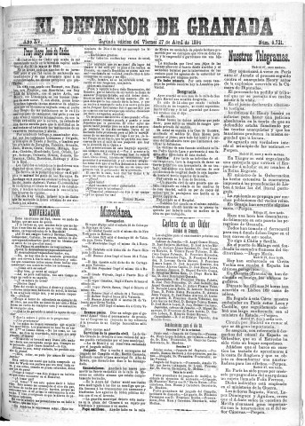 'El Defensor de Granada  : diario político independiente' - Año XV Número 6731 2ª ed. - 1894 Abril 27