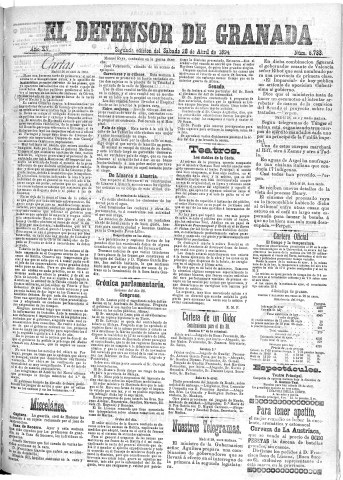 'El Defensor de Granada  : diario político independiente' - Año XV Número 6733 2ª ed. - 1894 Abril 28