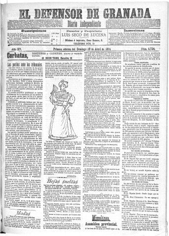 'El Defensor de Granada  : diario político independiente' - Año XV Número 6734 1ª ed. - 1894 Abril 29