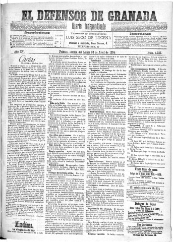 'El Defensor de Granada  : diario político independiente' - Año XV Número 6735 1ª ed. - 1894 Abril 30
