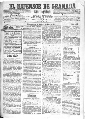 'El Defensor de Granada  : diario político independiente' - Año XV Número 6736 1ª ed. - 1894 Mayo 01