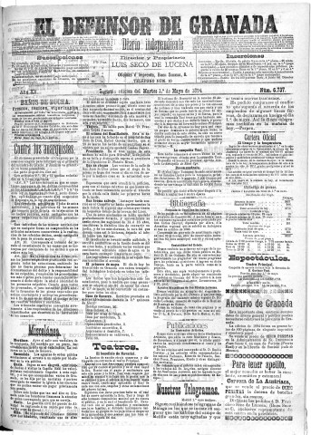 'El Defensor de Granada  : diario político independiente' - Año XV Número 6737 2ª ed. - 1894 Mayo 01