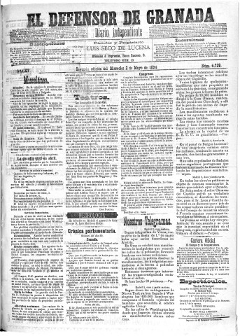 'El Defensor de Granada  : diario político independiente' - Año XV Número 6739 2ª ed. - 1894 Mayo 02