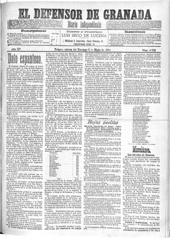 'El Defensor de Granada  : diario político independiente' - Año XV Número 6750 1ª ed. - 1894 Mayo 06