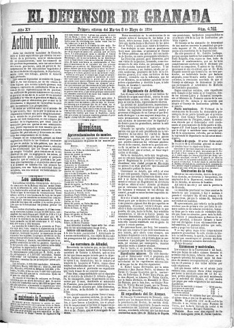 'El Defensor de Granada  : diario político independiente' - Año XV Número 6752 1ª ed. - 1894 Mayo 08