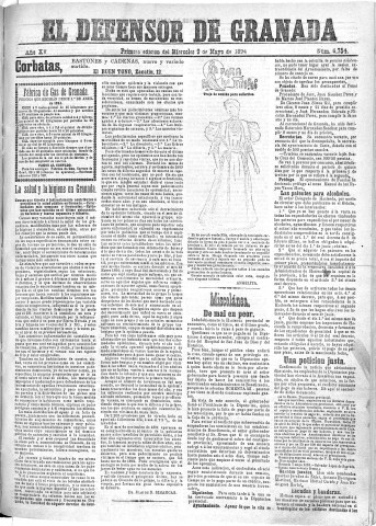 'El Defensor de Granada  : diario político independiente' - Año XV Número 6754 1ª ed. - 1894 Mayo 09