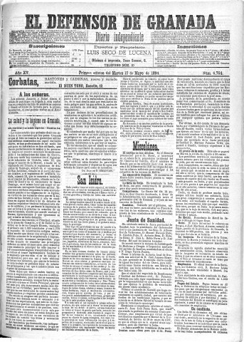 'El Defensor de Granada  : diario político independiente' - Año XV Número 6764 1ª ed. - 1894 Mayo 15