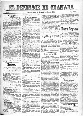 'El Defensor de Granada  : diario político independiente' - Año XV Número 6765 3ª ed. - 1894 Mayo 15