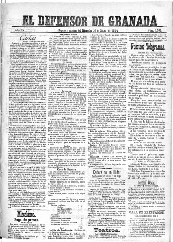 'El Defensor de Granada  : diario político independiente' - Año XV Número 6767 2ª ed. - 1894 Mayo 16
