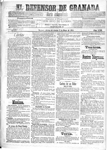 'El Defensor de Granada  : diario político independiente' - Año XV Número 6769 2ª ed. - 1894 Mayo 17