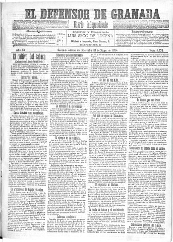 'El Defensor de Granada  : diario político independiente' - Año XV Número 6779 2ª ed. - 1894 Mayo 23