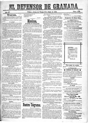 'El Defensor de Granada  : diario político independiente' - Año XV Número 6780 1ª ed. - 1894 Mayo 25