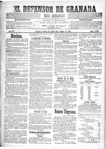 'El Defensor de Granada  : diario político independiente' - Año XV Número 6789 2ª ed. - 1894 Mayo 31