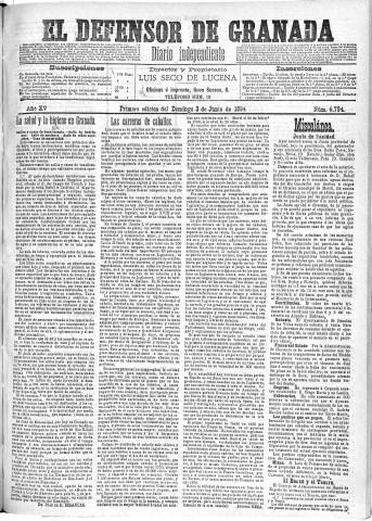 'El Defensor de Granada  : diario político independiente' - Año XV Número 6794 1ª ed. - 1894 Junio 03