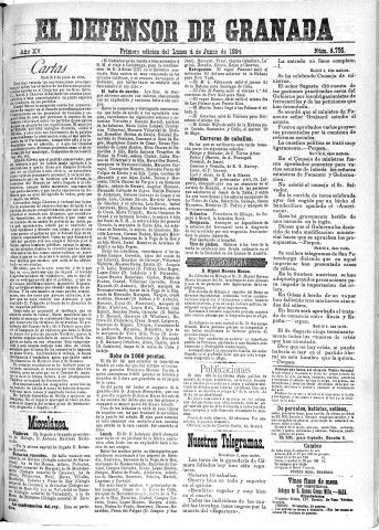 'El Defensor de Granada  : diario político independiente' - Año XV Número 6795 2ª ed. - 1894 Junio 04