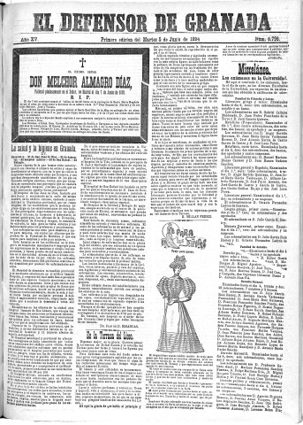 'El Defensor de Granada  : diario político independiente' - Año XV Número 6796 1ª ed. - 1894 Junio 05