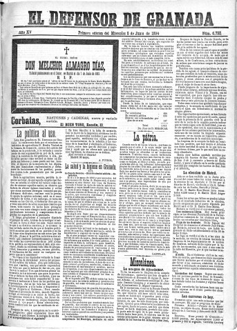 'El Defensor de Granada  : diario político independiente' - Año XV Número 6798 1ª ed. - 1894 Junio 06