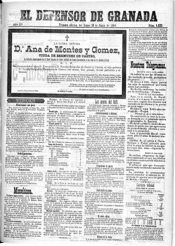 'El Defensor de Granada  : diario político independiente' - Año XV Número 6820 1ª ed. - 1894 Junio 18