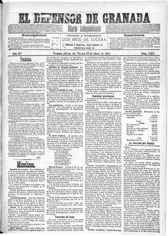 'El Defensor de Granada  : diario político independiente' - Año XV Número 6827 1ª ed. - 1894 Junio 22