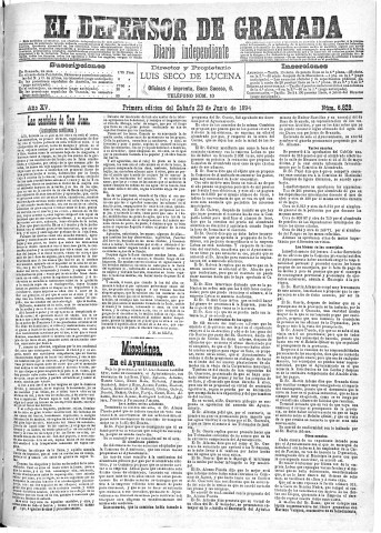 'El Defensor de Granada  : diario político independiente' - Año XV Número 6829 1ª ed. - 1894 Junio 23