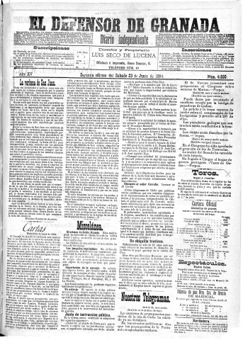 'El Defensor de Granada  : diario político independiente' - Año XV Número 6830 2ª ed. - 1894 Junio 23