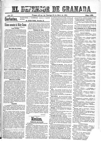 'El Defensor de Granada  : diario político independiente' - Año XV Número 6831 1ª ed. - 1894 Junio 24