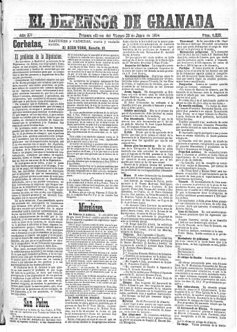 'El Defensor de Granada  : diario político independiente' - Año XV Número 6839 1ª ed. - 1894 Junio 29