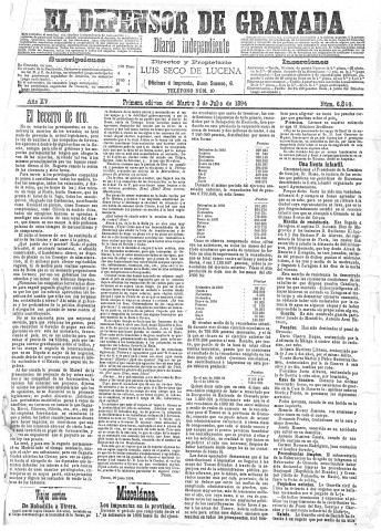 'El Defensor de Granada  : diario político independiente' - Año XV Número 6844 1ª ed. - 1894 Julio 03