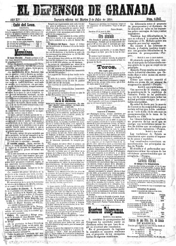 'El Defensor de Granada  : diario político independiente' - Año XV Número 6845 2ª ed. - 1894 Julio 03