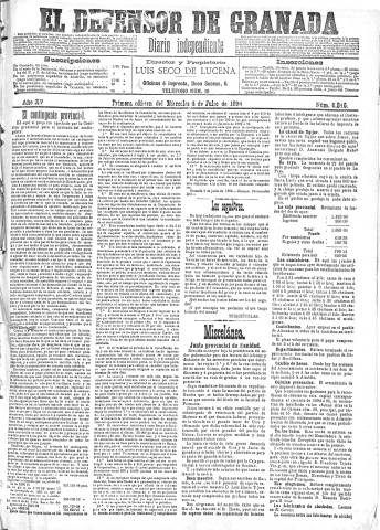 'El Defensor de Granada  : diario político independiente' - Año XV Número 6846 1ª ed. - 1894 Julio 04